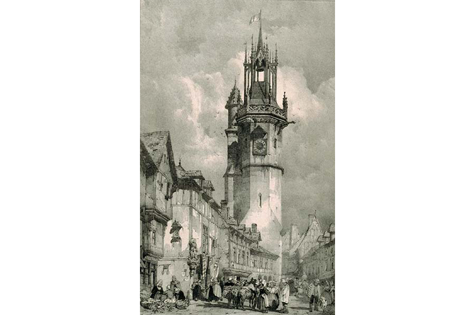 Richard Bonington (British, 1802-28) The Large Clock Tower, Evreux, 1824 lithograph on paper, 17 7/16 x 12 ¼ in. Gift of Edward W. Root, 53.10