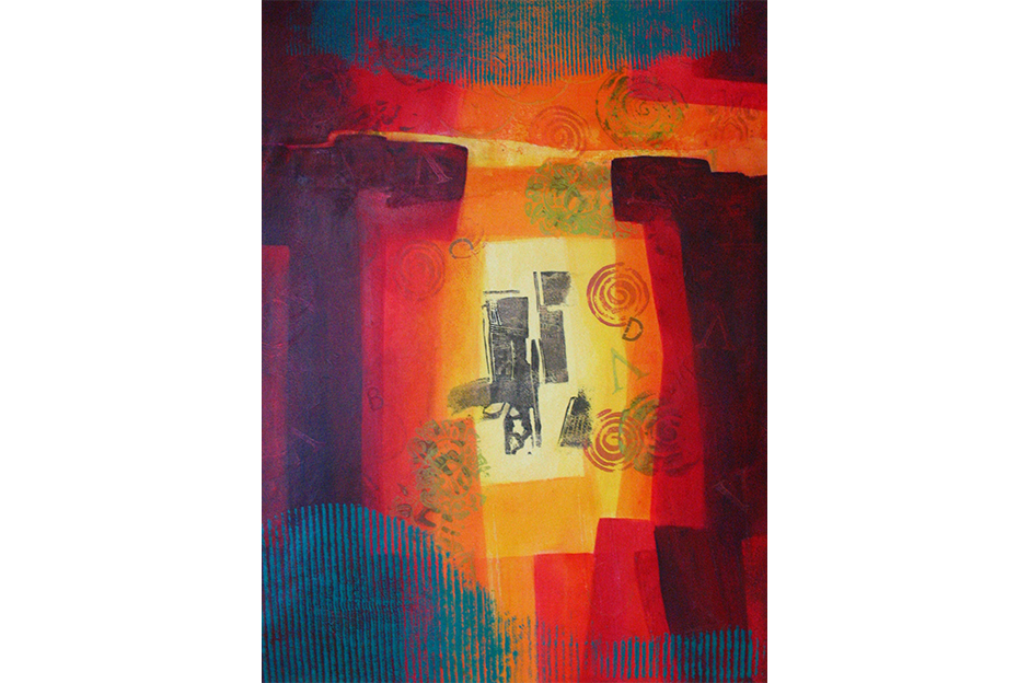 Sandra De Visser, Icon Series: BCD, acrylic on paper, 24 x 18” Sandra De Visser, Ponar, KRISTALLNACHT SERIES, 5, Monotype with chine collé on paper, 11 1/8 x 7 1/2in.