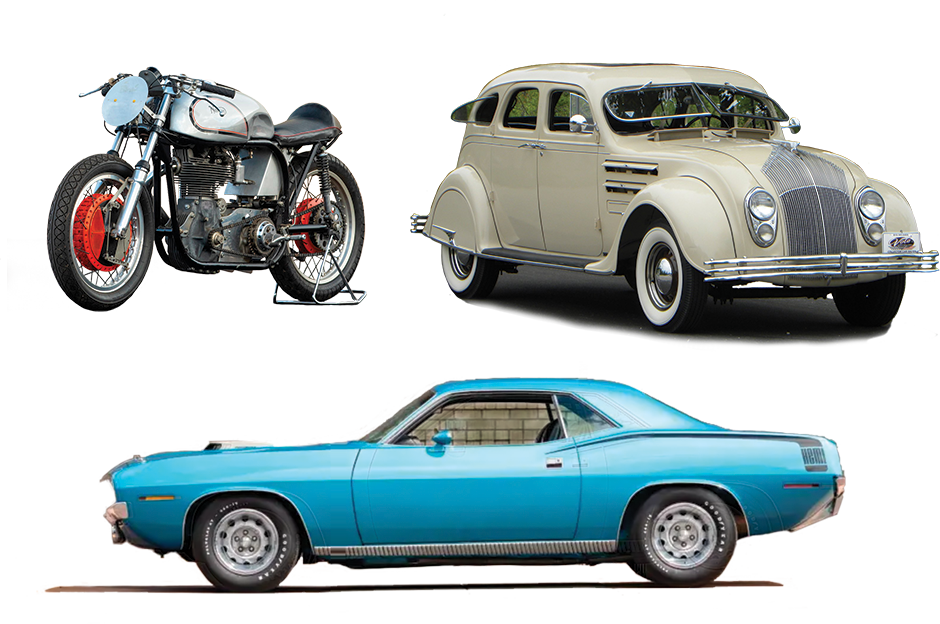 three vehicles, hemi car, Chrysler, motorcycle