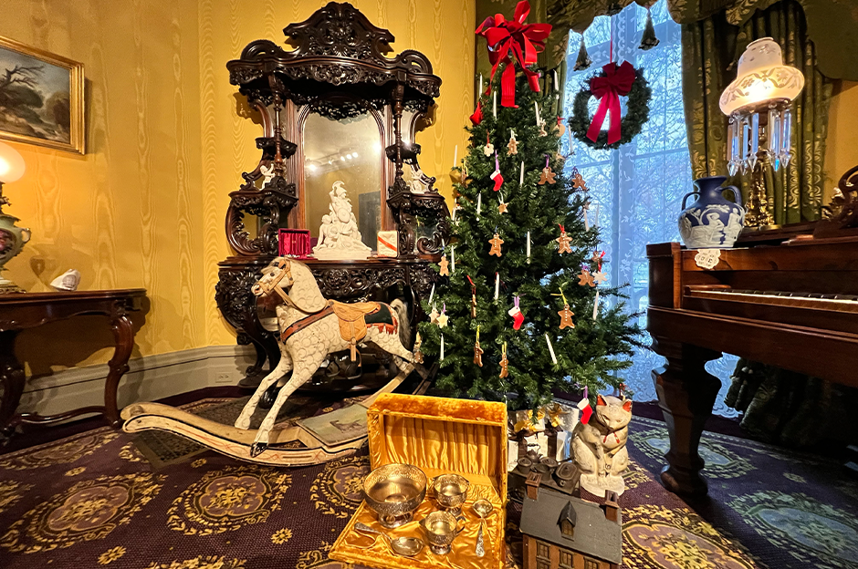 room decorated in yuletide in fountain elms period room office