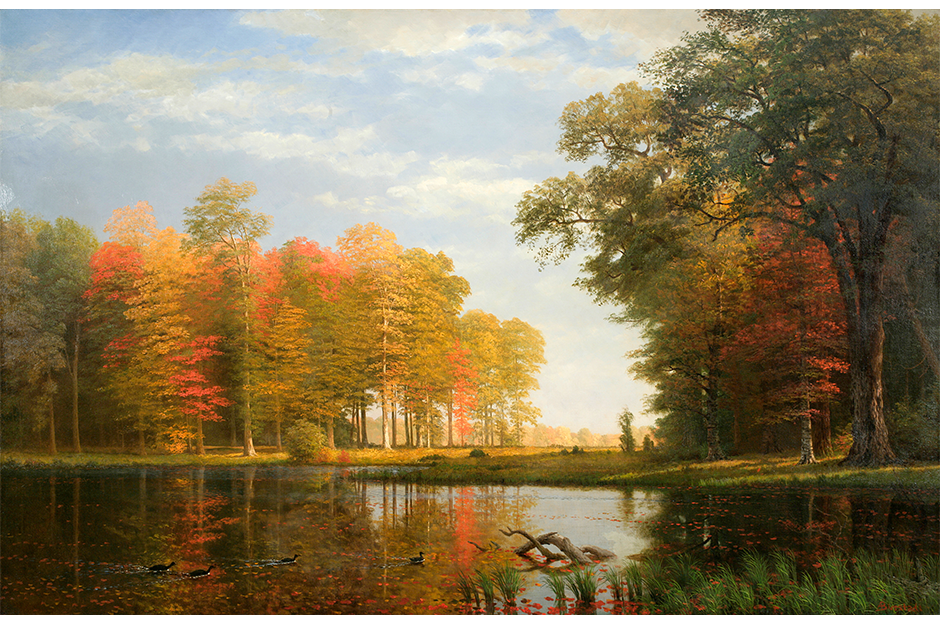 painting of lake and landscapes - Albert Bierstadt, Autumn Woods, 1886, Oil on linen, Overall (linen): 54 x 84 in. (137.2 x 213.4 cm), Framed: 64 3/4 in. × 7 ft. 10 3/4 in. × 3 1/4 in. (164.5 × 240.7 × 8.3 cm)