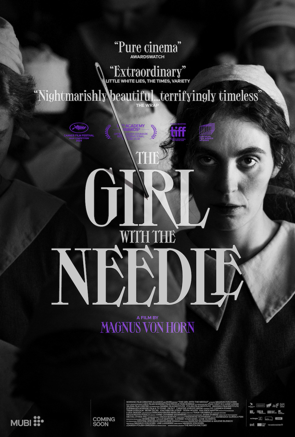 film poster the girl with the needle, woman making eye contact in simple clothing and cloth cover, image in black and white