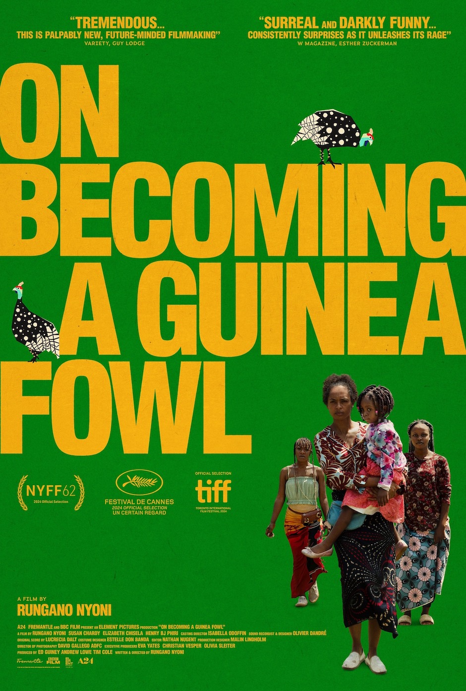 film poster for on becoming a guinea fowl green background with four women with dark skin and natural and braided hair