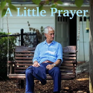 man sitting on a wooden swing under a tree in from of a white house