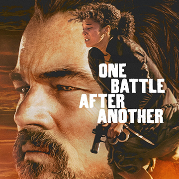 Mans face as background with woman running with gun