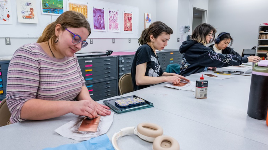people making prints in classroom