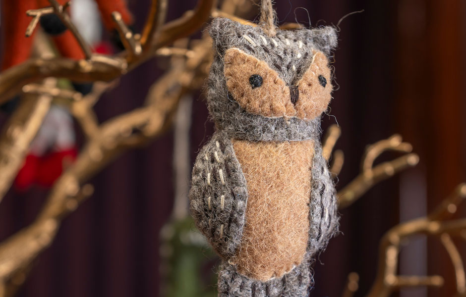 felt grey owl ornament