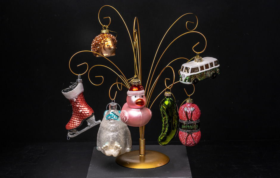 retro blown ornaments on gold wire tree hanger