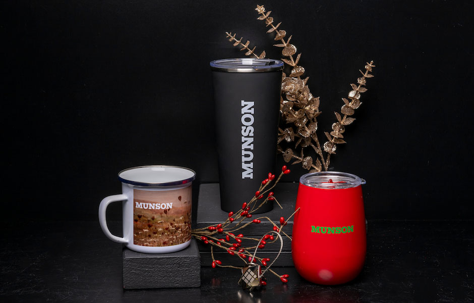 munson branded coffee cup, wine and drink tumblers