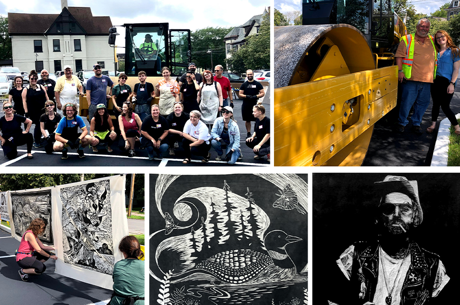 steam rolling event with a group of people, steam roller and art