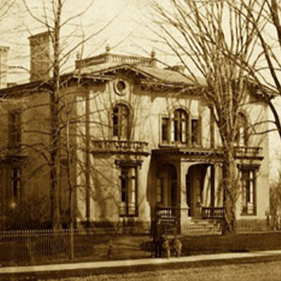 sepia image of fountain elms early 1900s