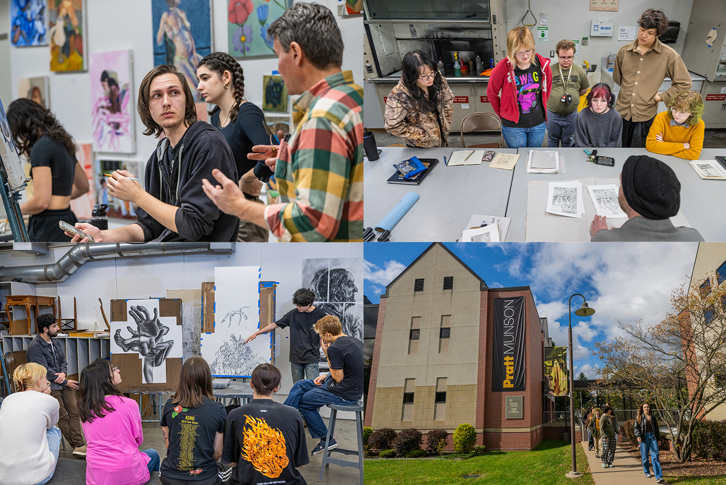 collage of images of students and artwork, critiquing, and campus