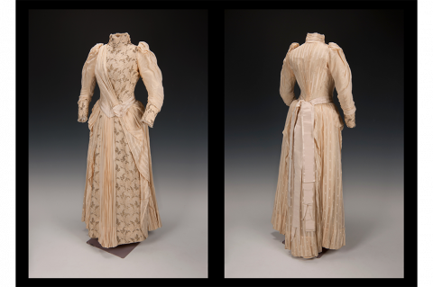 Wedding ensemble worn by Maria Watson Williams Proctor (1853-1935) for the June 11,1890 Wedding of Charles Grayson Martin and Maria Mason Peckham at Westminster Church, Utica, New York Maker Unknown, New York State Silk Fenimore Art Museum, Cooperstown, New York Gift of Munson-Williams-Proctor Institute Photograph by Richard Walker