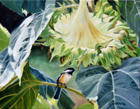 painting of bird next to flower